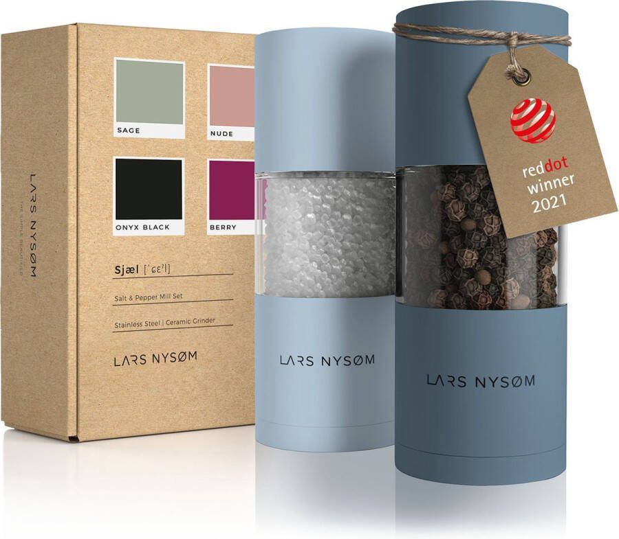LARS NYSØM 'Sjæl' Peper en zoutmolen set Verstelbare maalgraad Roestvrijstaal Blue Stone Baby Blue