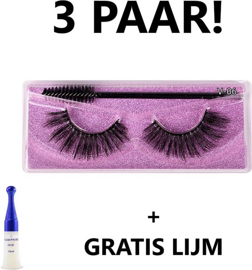 Lashes and More Valse wimpers 3 paar V-6 Gratis lijm Nepwimpers Valse wimpers Zwart 3D wimpers Herbruikbaar Hoge kwaliteit Dagelijks gebruik Gemakkelijk aanbreng
