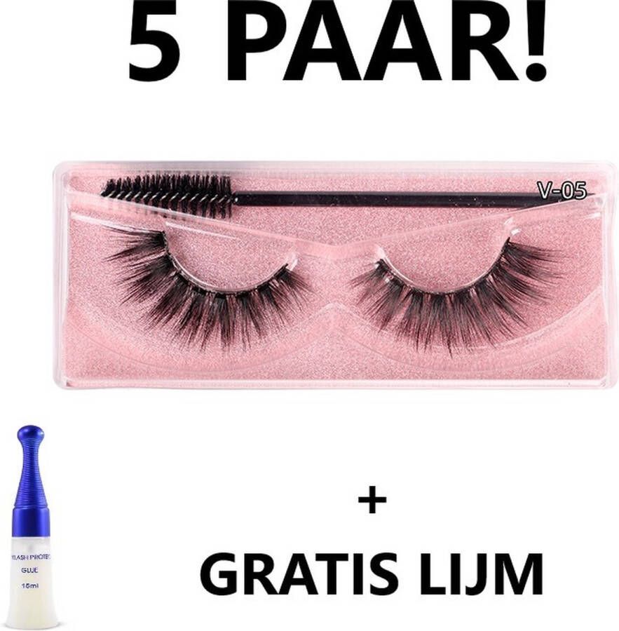 Lashes and More Valse wimpers 5 paar V-5 + Gratis Lijm Nepwimpers Valse wimpers Zwart 3D wimpers Herbruikbaar Hoge kwaliteit Dagelijks gebruik Gemakkelijk aanbrengen wimpers False Lashes Volume