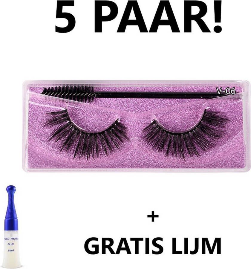 Lashes and More Valse wimpers 5 paar V-6 + Gratis Lijm Nepwimpers Valse wimpers Zwart 3D wimpers Herbruikbaar Hoge kwaliteit Dagelijks gebruik Gemakkelijk aanbrengen wimpers False Lashes Volume