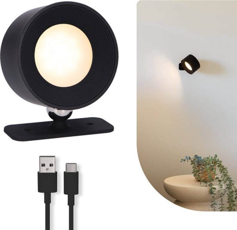 Latium Oplaadbare LED Nachtlamp USB Oplaadbaar Draadloos Batterij Dimbaar Slaapkamer Woonkamer Touch Control 360º rotatie Zwart