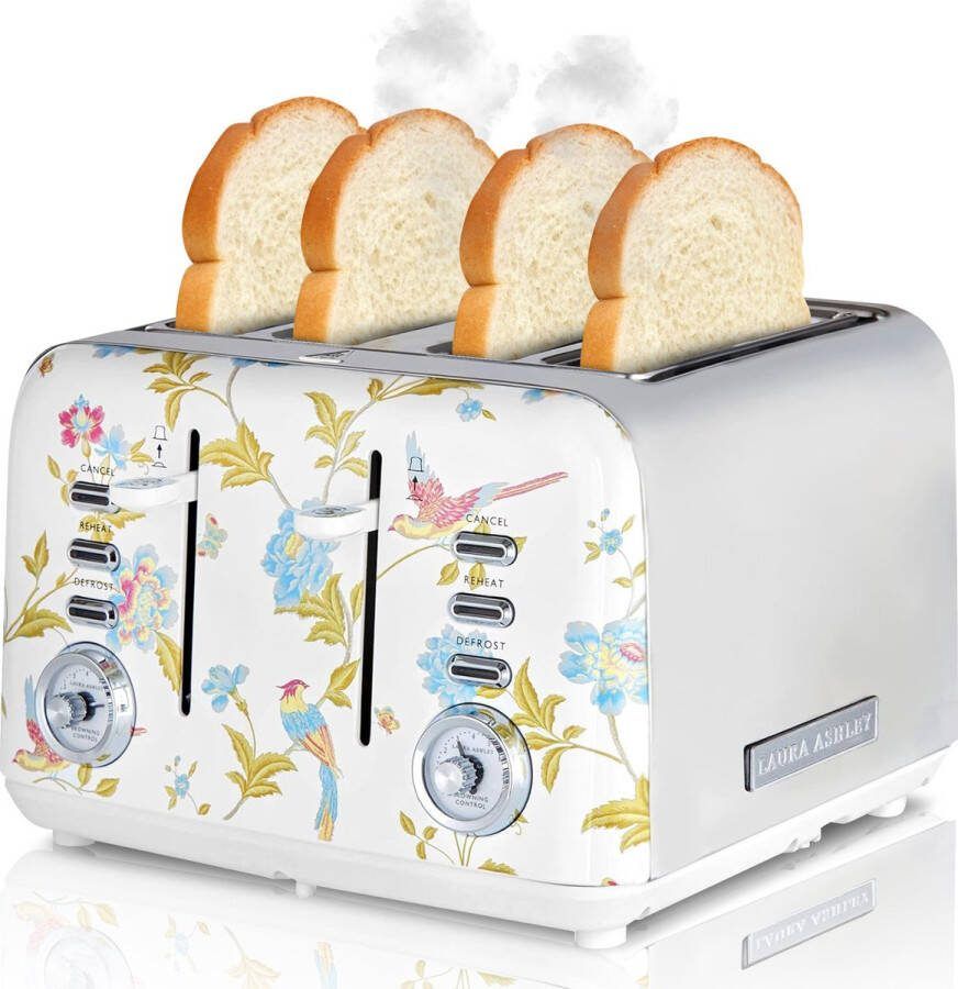 Laura Ashley Dubbele Broodrooster – Broodrooster Met Tostiklemmen – Broodrooster Retro – Extra Brede Sleuven – Geschikt voor 4 Sneden – Uniek Design