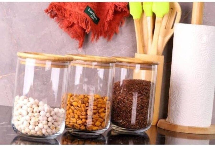 Lav Voorraad pot set van beste glaskwaliteit Bamboe hout deksel Duo 900ml 3-Delige Opbergdoos Glazen Kruidenrek met Bamboe Deksel