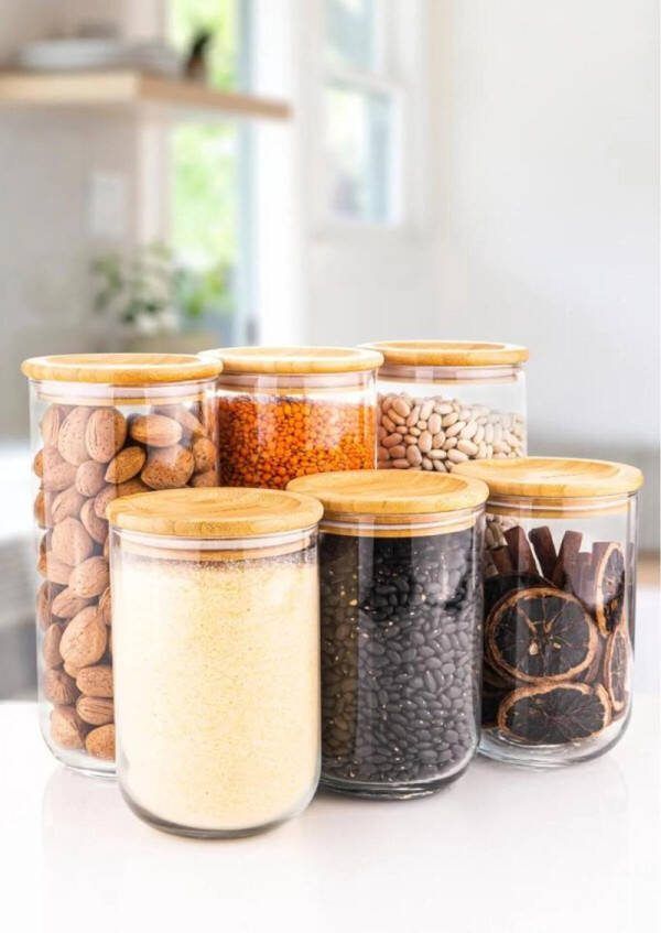 Lav Voorraad potset van beste glaskwaliteit Bamboe hout deksel 6 stuks Luchtdicht deksel 3x 1300ml. 3 x900ml Transparant Voorraadpotten