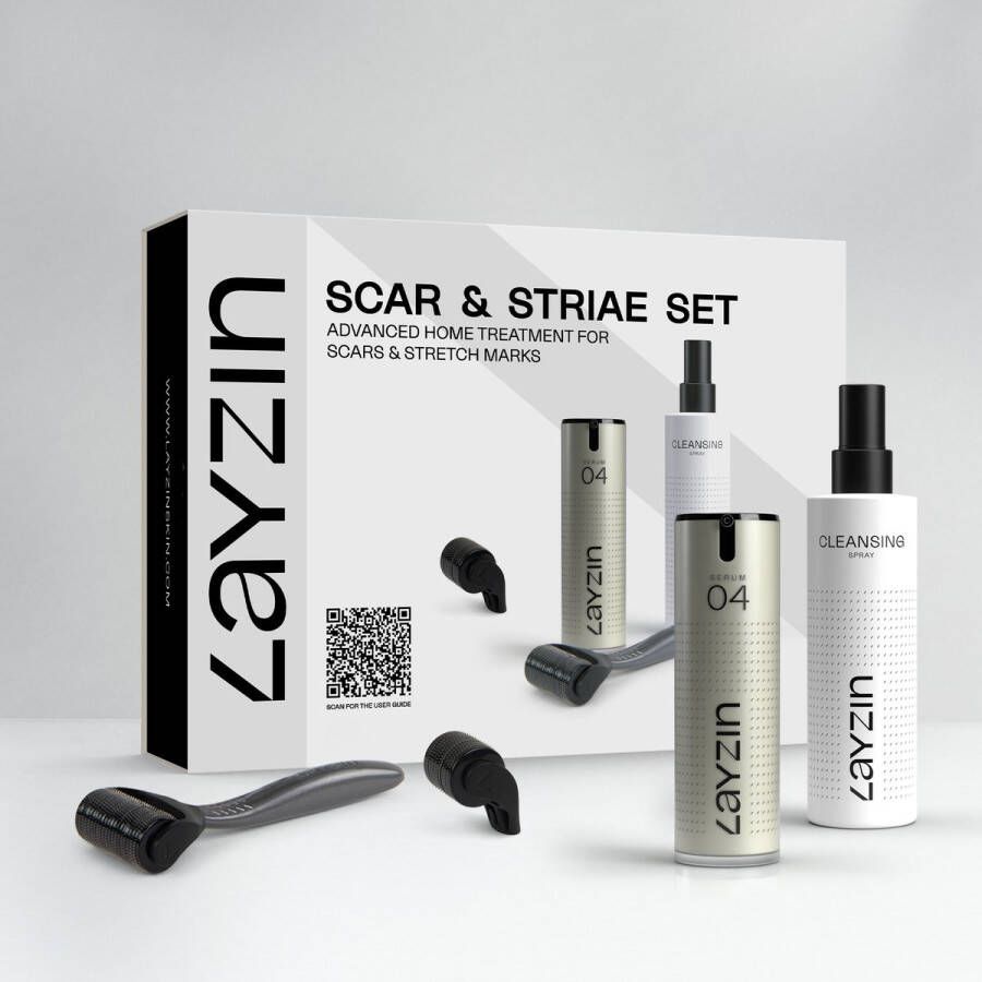 Layzin Dermaroller Litteken & Striae Microneedling set 0.55 + 1.2mm rollerkop 30 ml SERUM 04 + 200 ml Cleansing Spray verzacht en verbetert littekens stimuleert huidvernieuwing vermindert roodheid