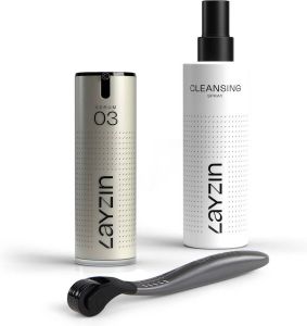 Layzin Dermaroller Under Eye Microneedling set 0.55mm rollerkop 30 ml Oogserum + 200 ml Cleansing Spray vermindert donkere kringen en wallen verbetert de doorbloeding onder de ogen vermindert fijne lijntjes rimpels en kraaienpootjes