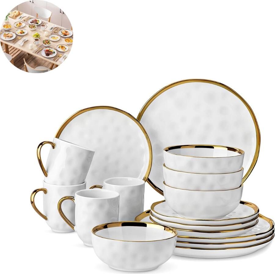 LBB Luxe Serviesset – 16 delig – 4 persoons – Porselein Bordenset – Dinner platen – Dessertborden Kommen Mokken Schaaltjes Wit Goud