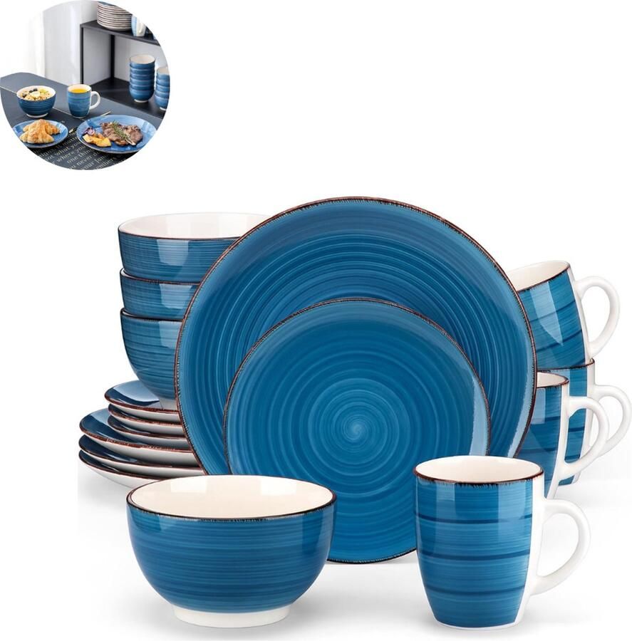 LBB Luxe Serviesset – 16 delig – 4 persoons – Porselein Bordenset – Dinner platen – Dessertborden Kommen Mokken Blauw