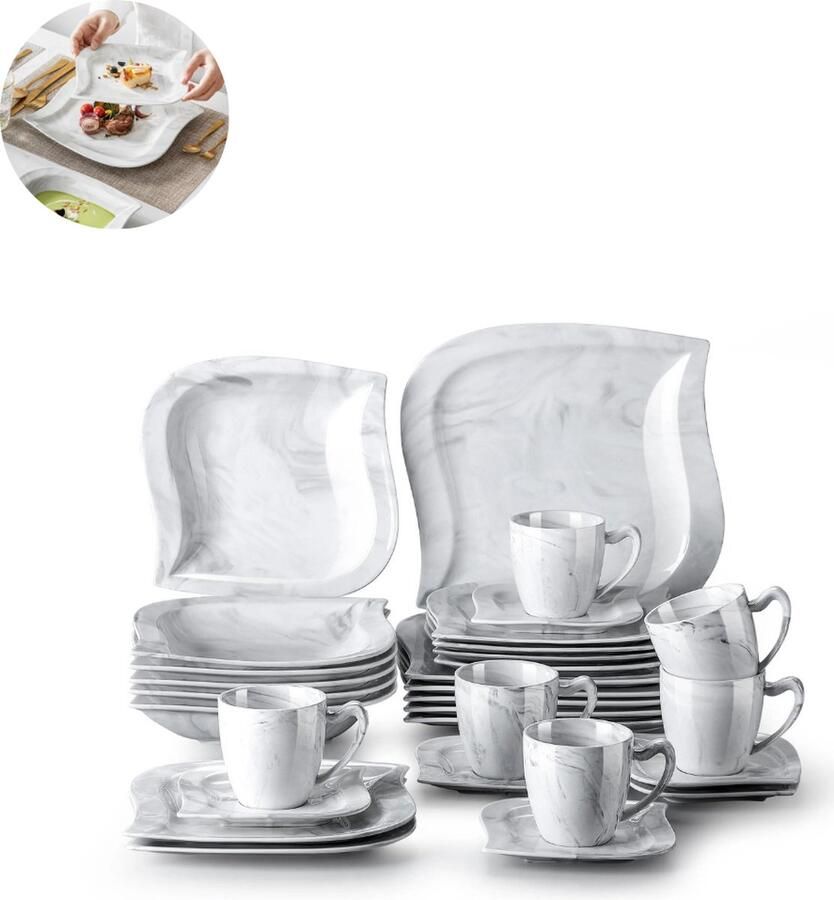 LBB Luxe Serviesset – 30 delig – 6 persoons – Porselein Bordenset – Dinner platen – Dessertborden Kommen Mokken Schaaltjes Wit