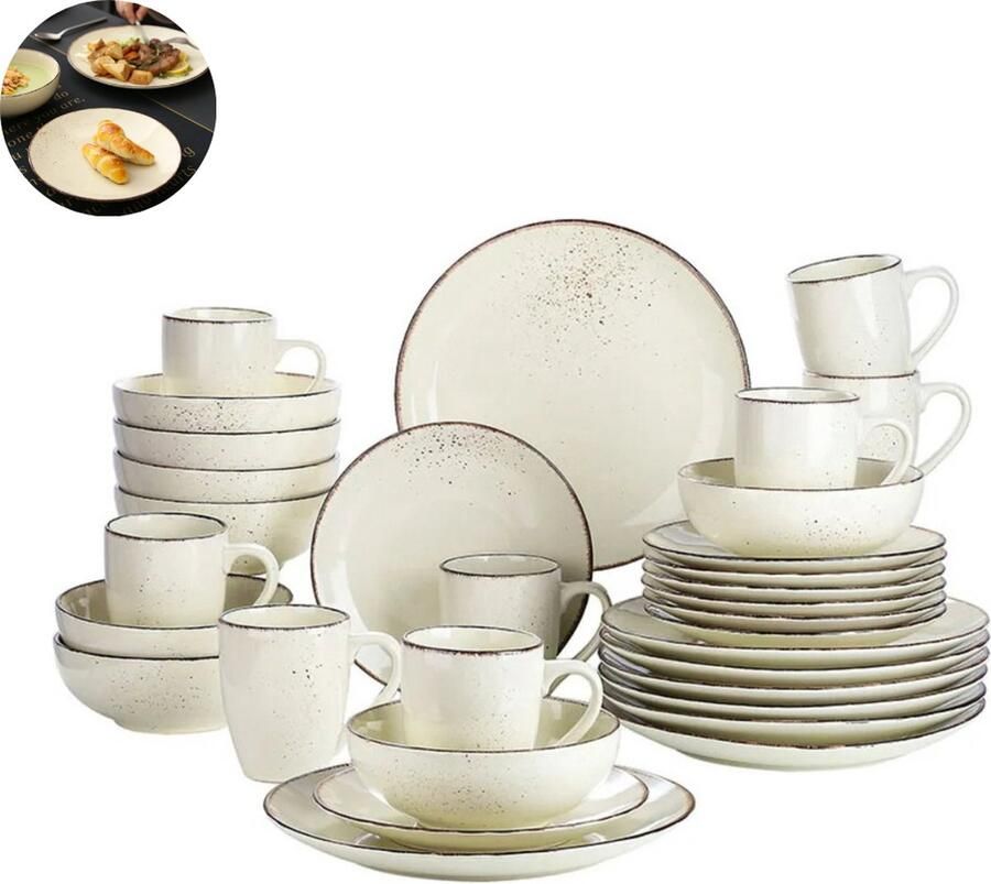 LBB Luxe Serviesset – 32 delig – 8 persoons – Porselein Bordenset – Dinner platen – Dessertborden Kommen Mokken Schaaltjes Beige