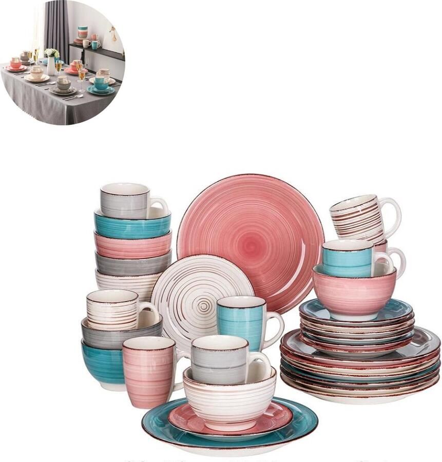 LBB Luxe Serviesset – 32 delig – 8 persoons – Porselein Bordenset – Dinner platen – Dessertborden Kommen Mokken Schaaltjes Meerkleurig