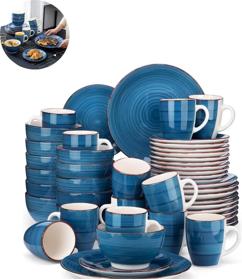 LBB Luxe Serviesset – 48 delig – 12 persoons – Porselein Bordenset – Dinner platen – Dessertborden Kommen Mokken Blauw