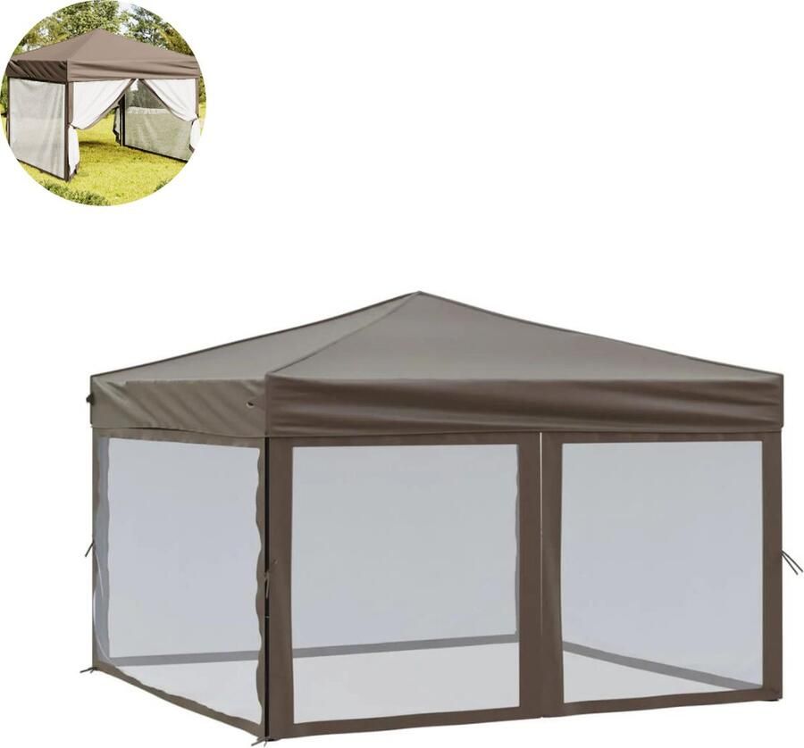 LBB Partytent opvouwbaar Paviljoen 3x3 Easy up Waterdicht met Zijwanden Weerbestendig Taupe