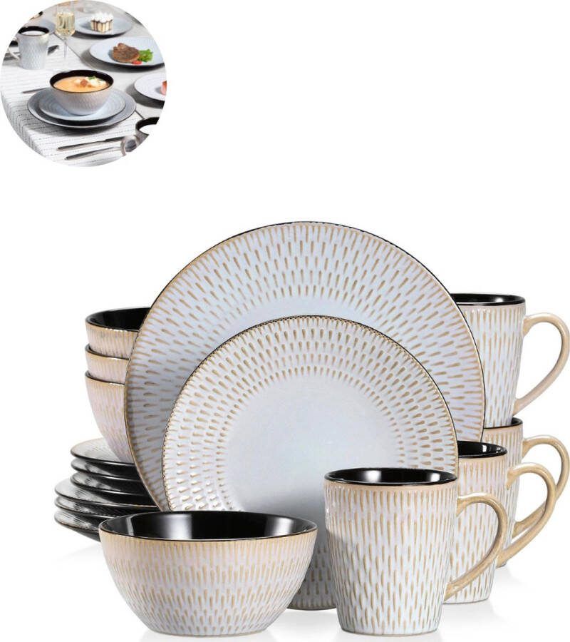LBB Luxe Serviesset – 16 delig – 4 persoons – Porselein Bordenset – Dinner platen – Dessertborden Kommen Mokken Grijs