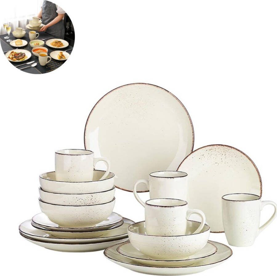 LBB Luxe Serviesset – 16 delig – 4 persoons – Porselein Bordenset – Dinner platen – Dessertborden Kommen Mokken Schaaltjes Wit