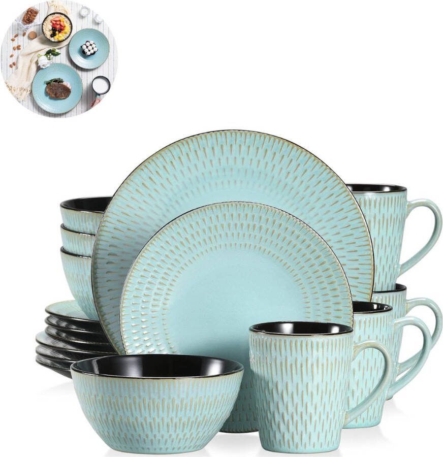 LBB Luxe Serviesset – 16 delig – 4 persoons – Porselein Bordenset – Dinner platen – Dessertborden Kommen Mokken Groen