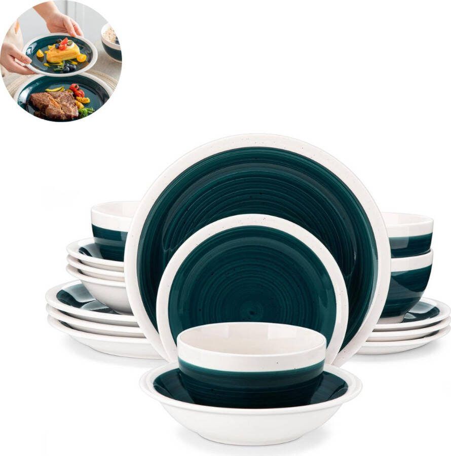 LBB Luxe Serviesset – 16 delig – 4 persoons – Porselein Bordenset – Dinner platen – Dessertborden Kommen Schaaltjes Groen