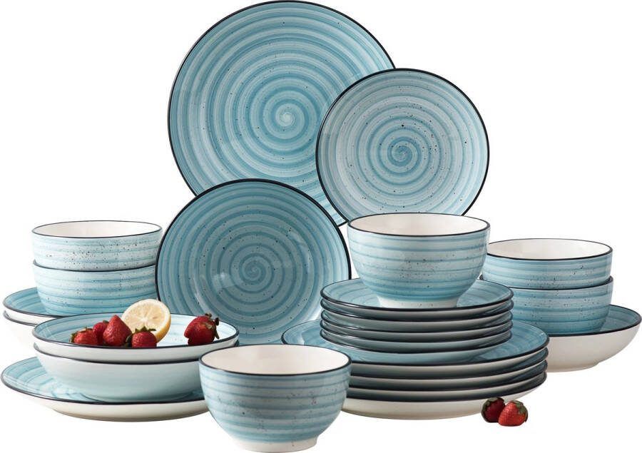 LBB Luxe Serviesset – 24 delig – 6 persoons – Porselein Bordenset – Dinner platen – Dessertborden Kommen Mokken Schaaltjes Blauw