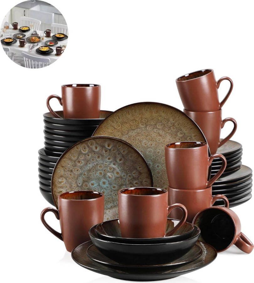 LBB Luxe Serviesset – 32 delig – 8 persoons – Porselein Bordenset – Dinner platen – Dessertborden Kommen Mokken Schaaltjes Bruin
