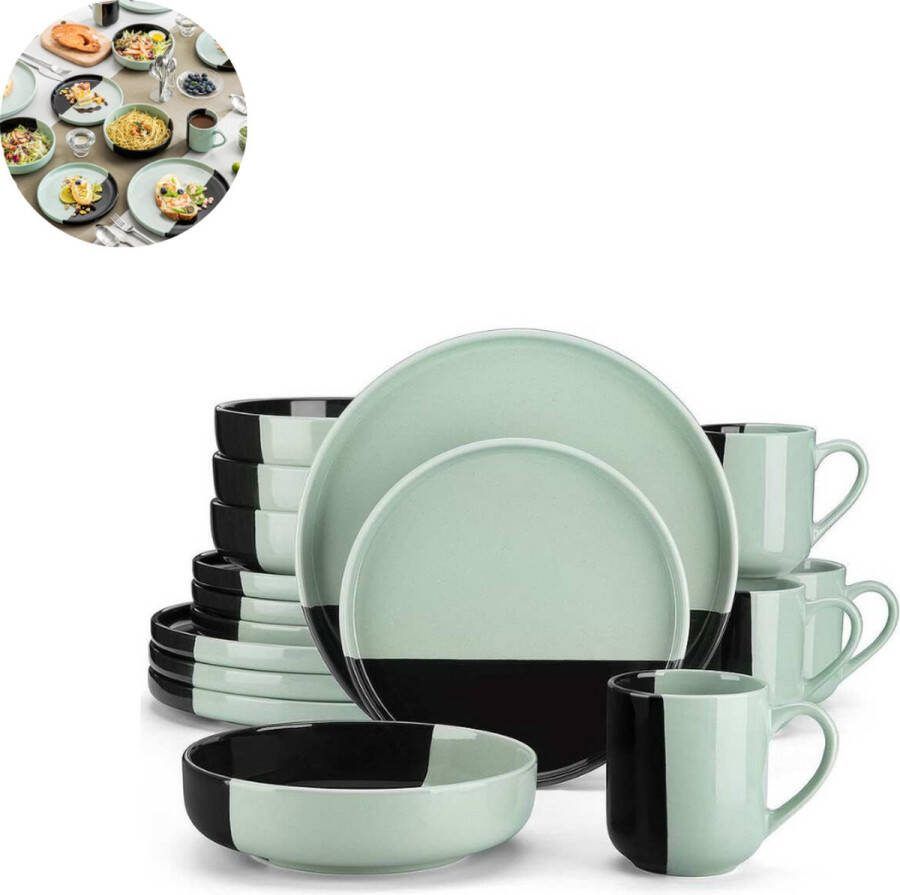 LBB Luxe Serviesset – 32 delig – 8 persoons – Porselein Bordenset – Dinner platen – Dessertborden Kommen Mokken Schaaltjes Zwart Groen