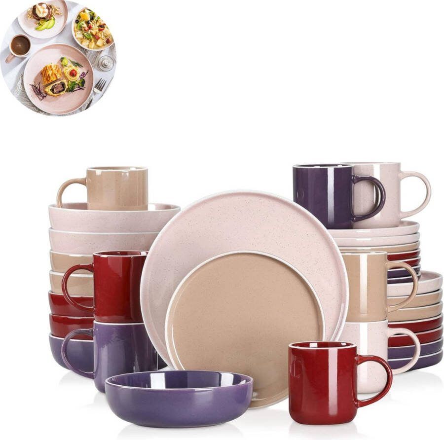 LBB Luxe Serviesset – 32 delig – 8 persoons – Porselein Bordenset – Dinner platen – Dessertborden Kommen Mokken Schaaltjes Meerkleurig