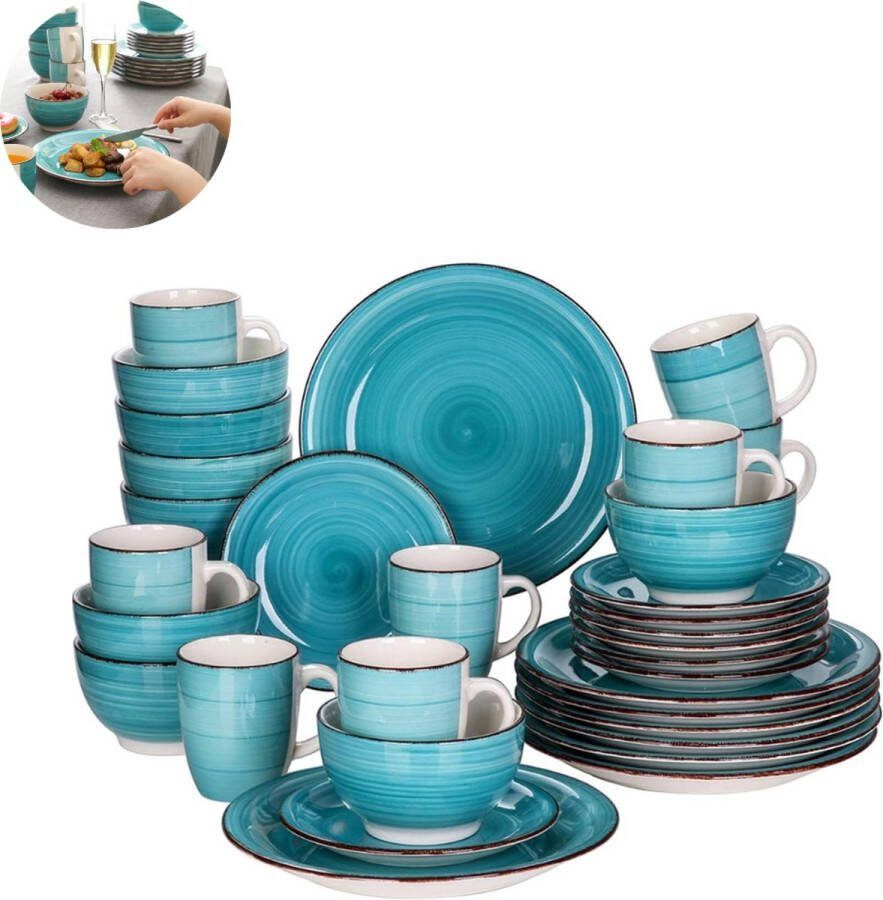 LBB Luxe Serviesset – 32 delig – 8 persoons – Porselein Bordenset – Dinner platen – Dessertborden Kommen Mokken Bella Blauw