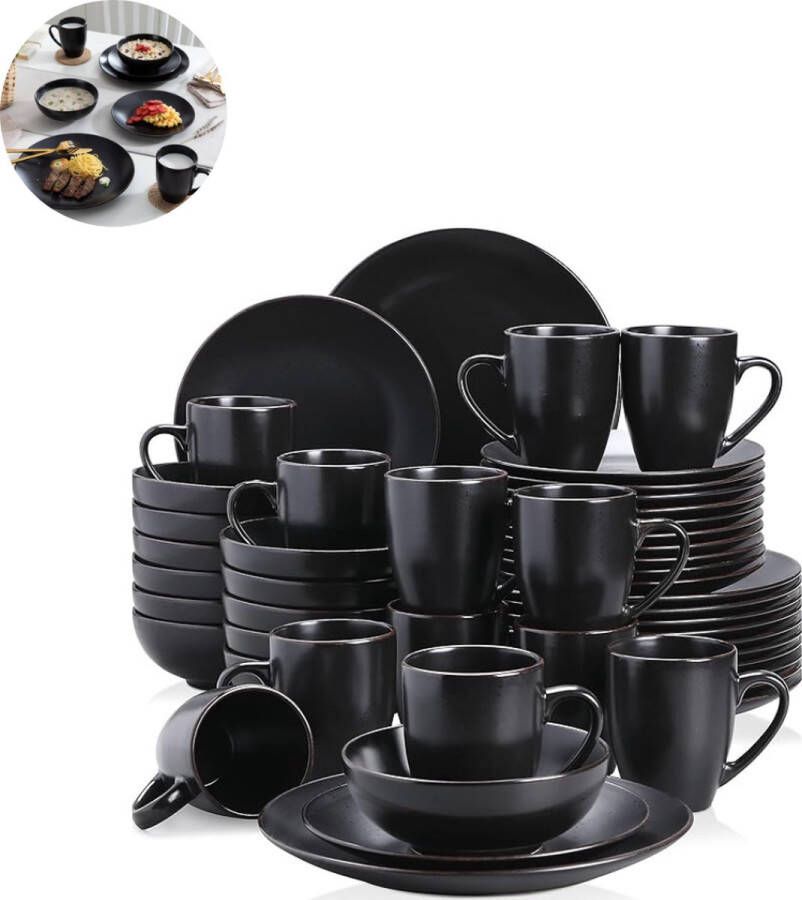 LBB Luxe Serviesset – 48 delig – 12 persoons – Porselein Bordenset – Dinner platen – Dessertborden Kommen Mokken Schaaltjes Zwart