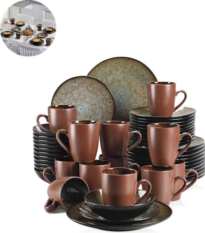 LBB Luxe Serviesset – 48 delig – 12 Persoons – Porselein Bordenset – Dinner platen – Dessertborden Kommen Mokken Bruin