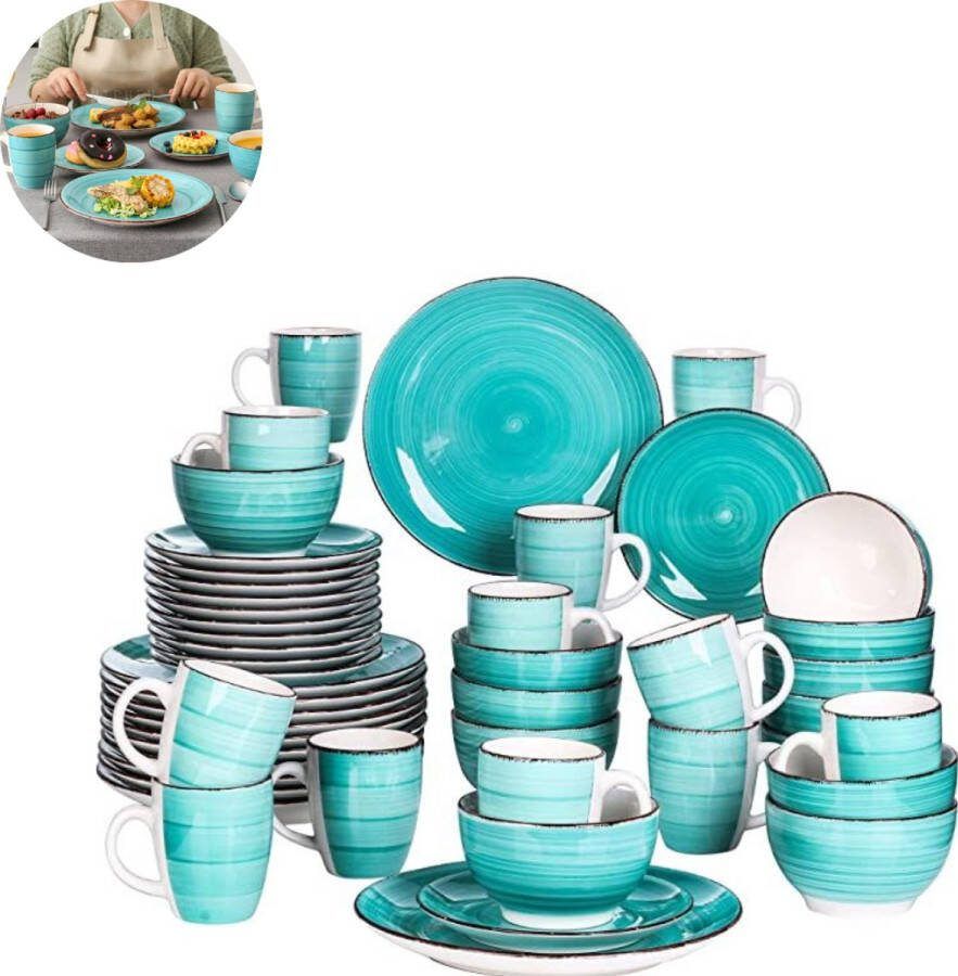 LBB Luxe Serviesset – 48 delig – 12 persoons – Porselein Bordenset – Dinner platen – Dessertborden Kommen Mokken Bella Blauw