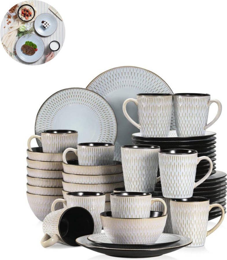 LBB Luxe Serviesset – 48 delig – 12 persoons – Porselein Bordenset – Dinner platen – Dessertborden Kommen Mokken Grijs