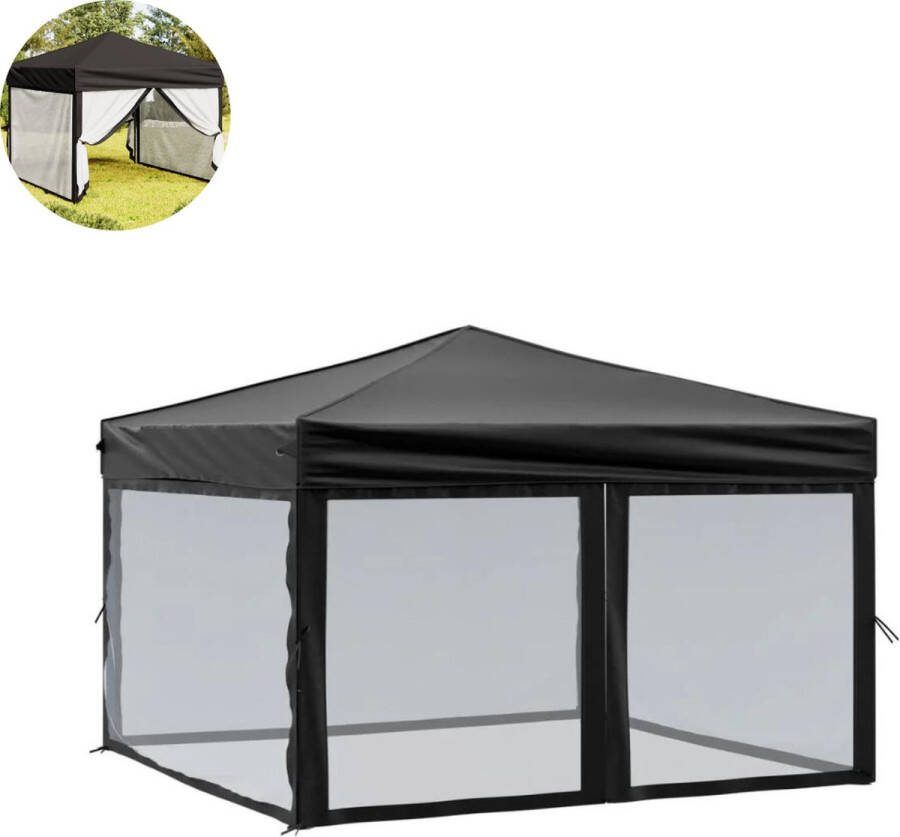 LBB Partytent opvouwbaar Paviljoen 3x3 Easy up Waterdicht met Zijwanden Weerbestendig Zwart
