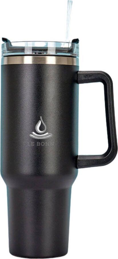 Le Bonn LeBonn Big Thermos to go Zwart 1 2L Thermosbeker met Handvat en Rietje RVS beker Travel cup Mug to go Thermosbeker Drinkbeker to go Thermosfles dubbelwandige vacuüm geïsoleerde koffiebeker Thee Koffie Gratis snacktray