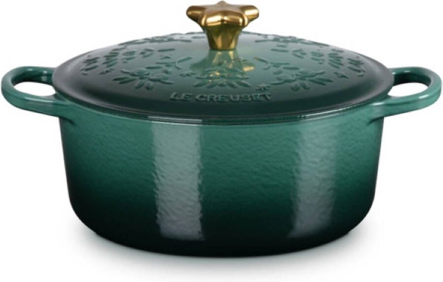 Le Creuset Braadpan Rond Signature 24 cm Kerstboom met Goudkleurige Knop in Geëmailleerd Gietijzer