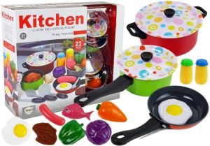LEAN TOYS 22 delige speelgoed kookgerei set voor kinderkeuken Inclusief pannen en etenswaren Vanaf 3 jaar
