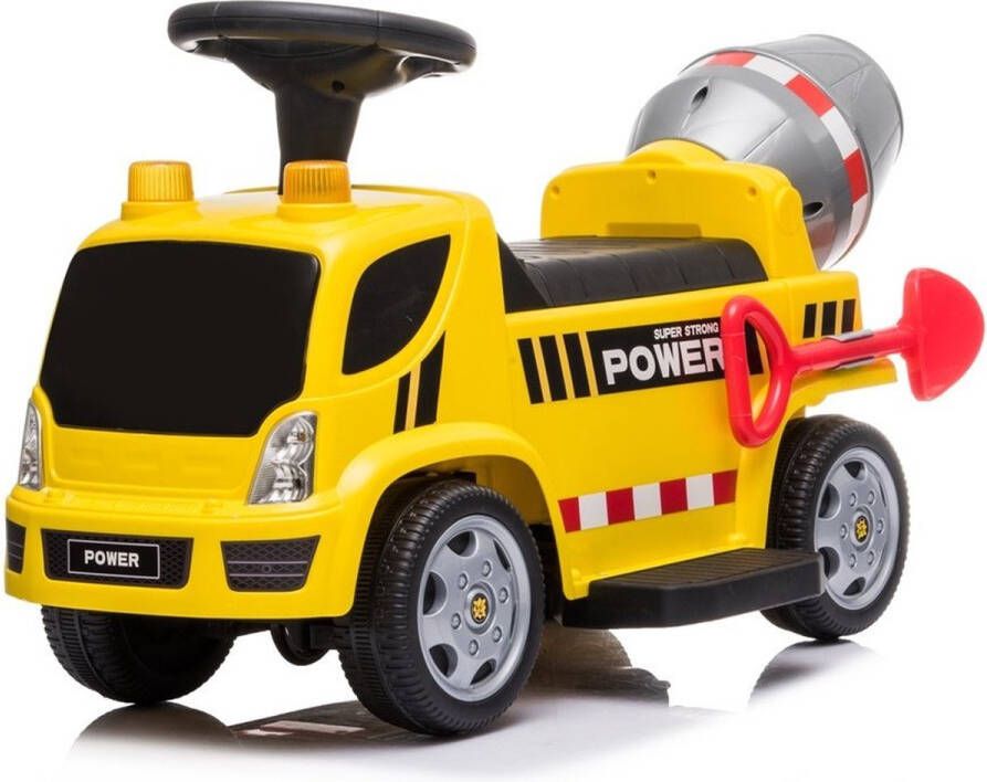 LEAN TOYS Elektrische kinderauto betonauto betonmixer vrachtwagen tot 20kg max 1-3 km h met geluid en licht en schep geel