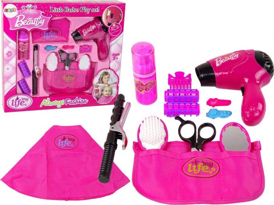 LEAN TOYS Little barber beauty 13-delige speelgoed kappersset met werkende föhn Kappers speelset Met heuptasje en accessoires