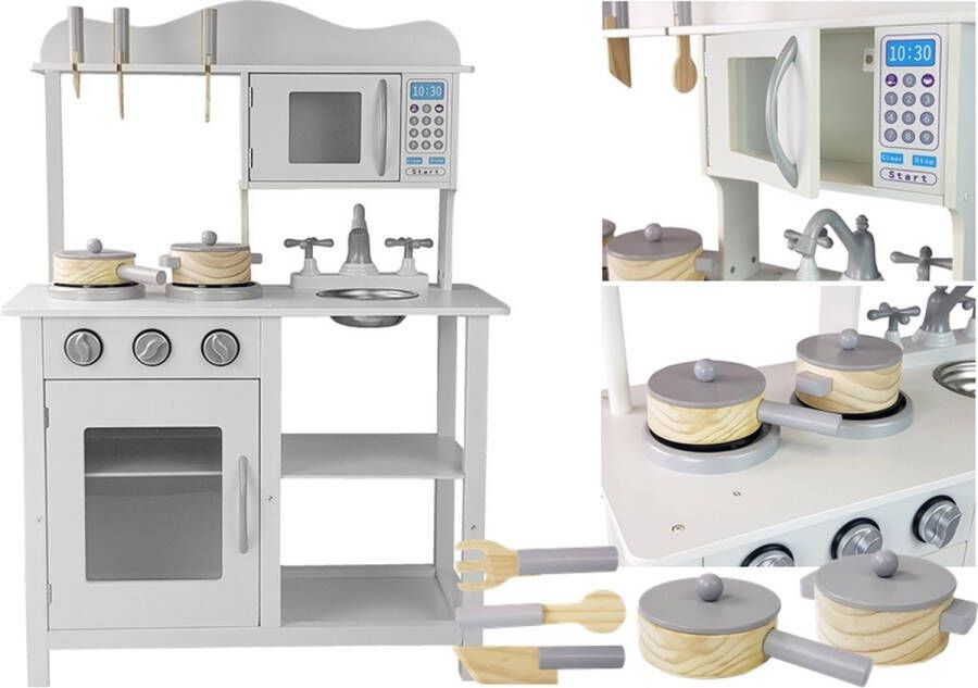 LEAN TOYS Luxe houten speelkeuken Bella met gratis accessoires Speelgoed keuken Met kookplaat wasbak en magnetron 85 x 60 x 30 cm Wit