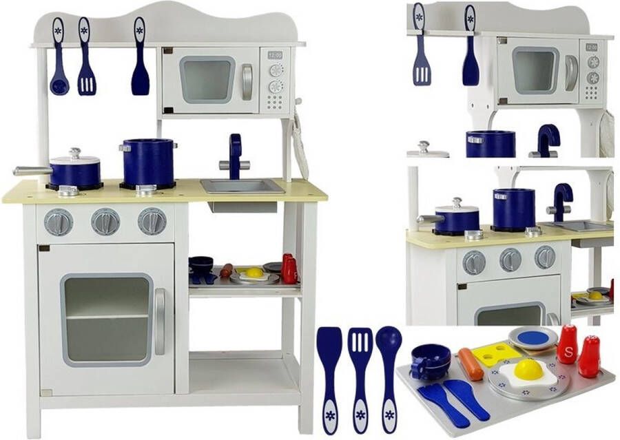 LEAN TOYS Luxe houten speelkeuken Merida met gratis accessoires Speelgoed keuken Met kookplaat wasbak en magnetron 85 x 60 x 30 cm Wit