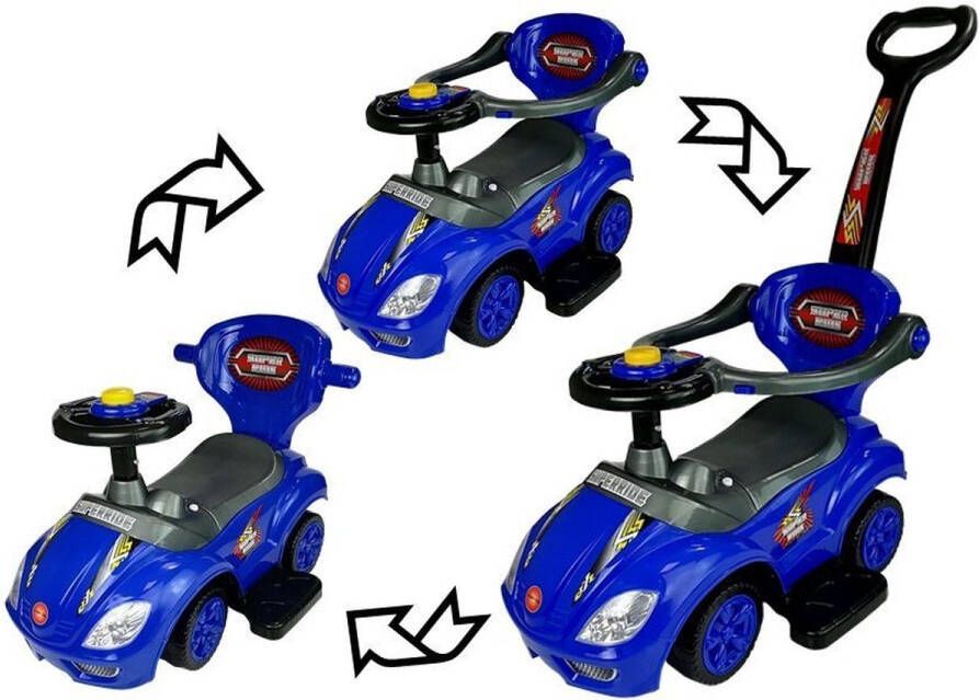Lean Toys Mega Car 3 in 1 loopauto met duwstang Groeit mee met je kind Blauw