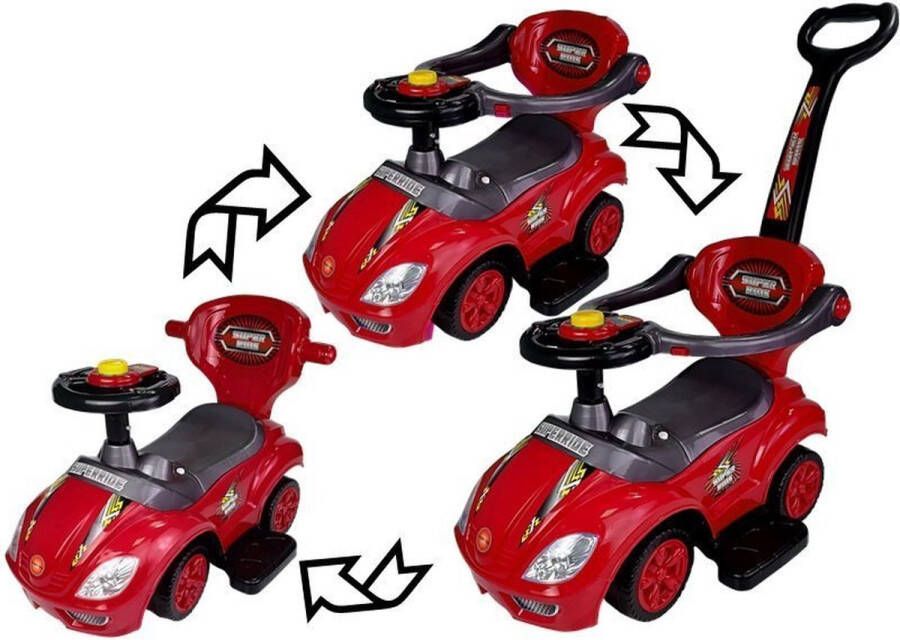 Lean Toys Mega Car 3 in 1 loopauto met duwstang Groeit mee met je kind Rood