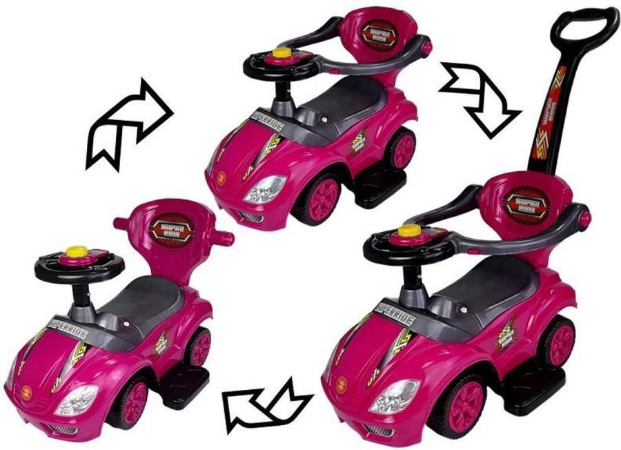 Lean Toys Mega Car 3 in 1 loopauto met duwstang Groeit mee met je kind Roze