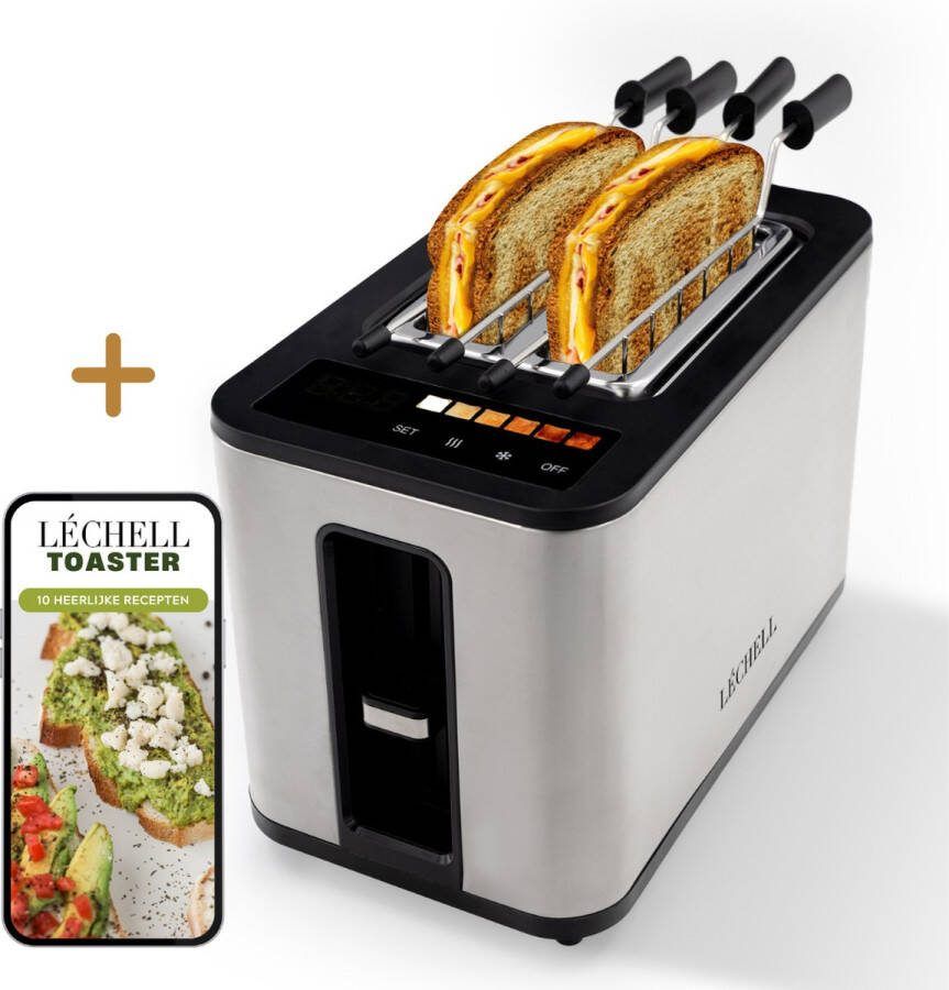 Léchell Broodrooster met tostiklemmen Toaster 6 Warmteniveaus Brede sleuven Broodrooster 900W Chrome Instelbare bruiningsstand en ontdooifunctie Inclusief E-book met 10 heerlijke recepten