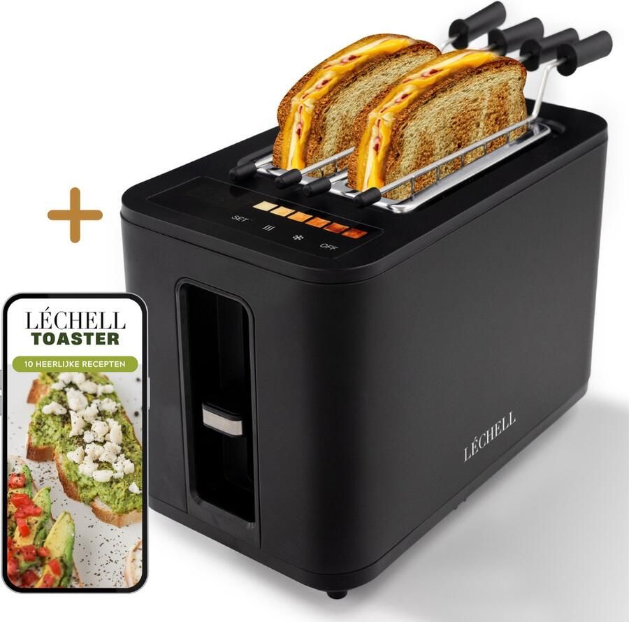 Léchell Broodrooster met tostiklemmen Toaster 6 Warmteniveaus Brede sleuven Broodrooster 900W Zwart Instelbare bruiningsstand en ontdooifunctie Inclusief E-book met 10 heerlijke recepten