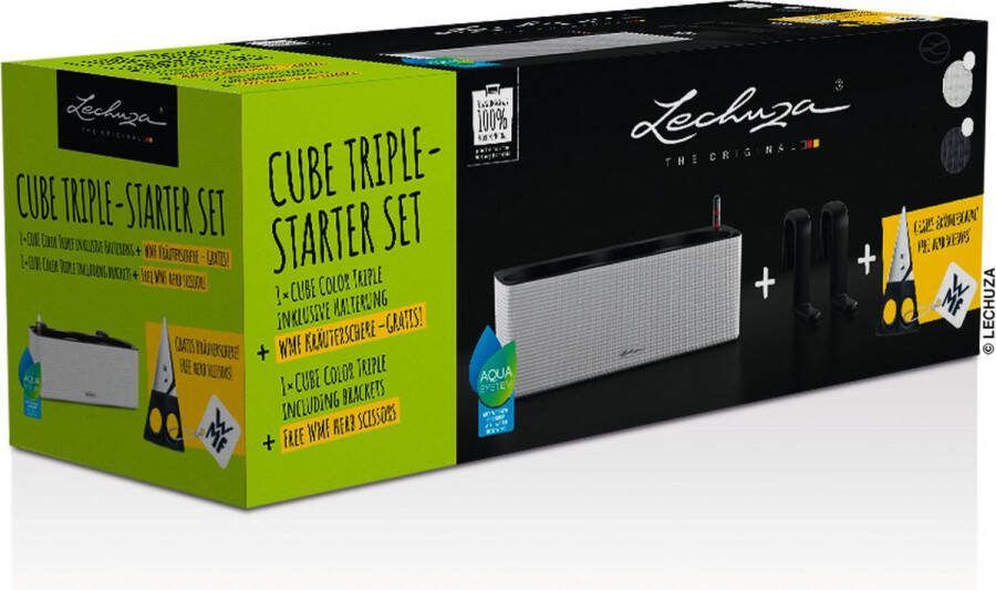 Lechuza CUBE COLOR TRIPLE STARTERSET Plantenbak ALL-IN-ONE set leisteengrijs met WMF kruidenschaar