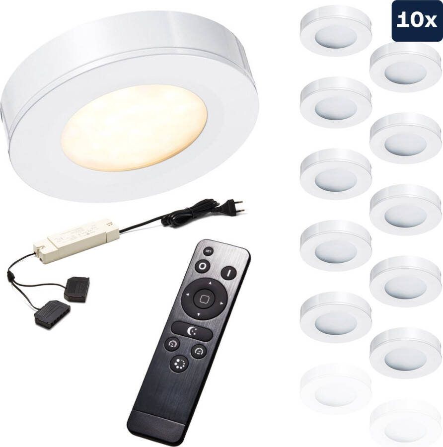 Ledisons Adria 10 witte LED opbouwspots met afstandsbediening dimbaar 3 jaar garantie 2700K (extra warm-wit) 200 Lumen 3W IP44