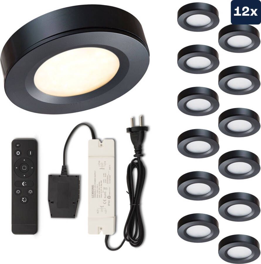 Ledisons Adria 12 zwarte LED opbouwspots met afstandsbediening dimbaar 3 jaar garantie 2700K (extra warm-wit) 200 Lumen 3W IP53