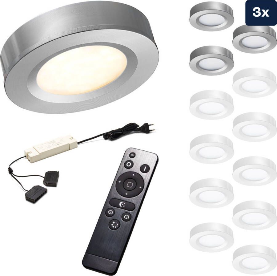Ledisons Adria 3 zilveren LED opbouwspots met afstandsbediening dimbaar 3 jaar garantie 2700K (extra warm-wit) 200 Lumen 3W IP44