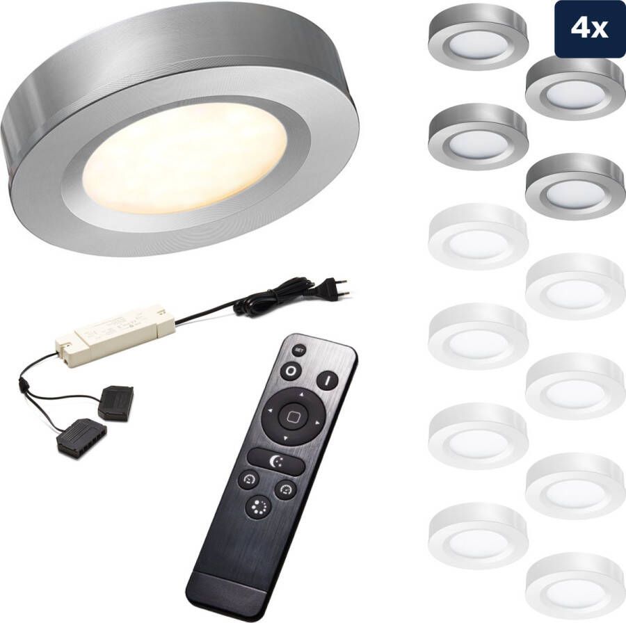 Ledisons Adria 4 zilveren LED opbouwspots met afstandsbediening dimbaar 3 jaar garantie 2700K (extra warm-wit) 200 Lumen 3W IP44