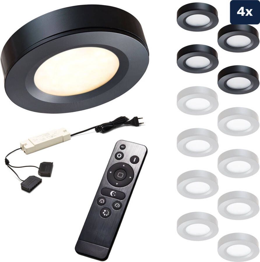 Ledisons Adria 4 zwarte LED opbouwspots met afstandsbediening dimbaar 3 jaar garantie 2700K (extra warm-wit) 200 Lumen 3W IP46