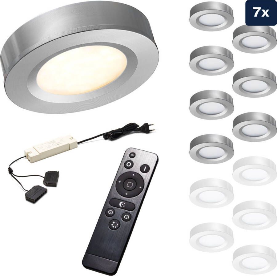 Ledisons Adria 7 zilveren LED opbouwspots met afstandsbediening dimbaar 3 jaar garantie 2700K (extra warm-wit) 200 Lumen 3W IP44